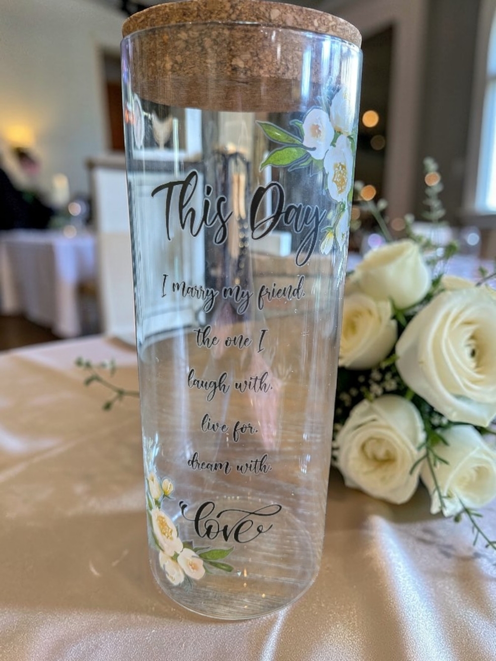 Clear Glass Cork-Top Vase with White Floral Accent